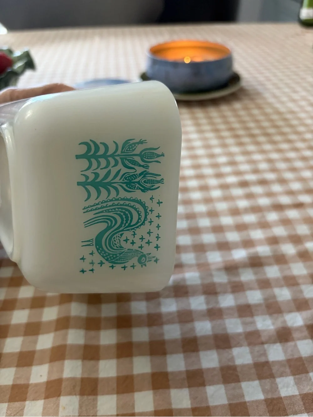 Pyrex Milk Glass Casserole with Teal Folk Rooster - Picture 4 of 6